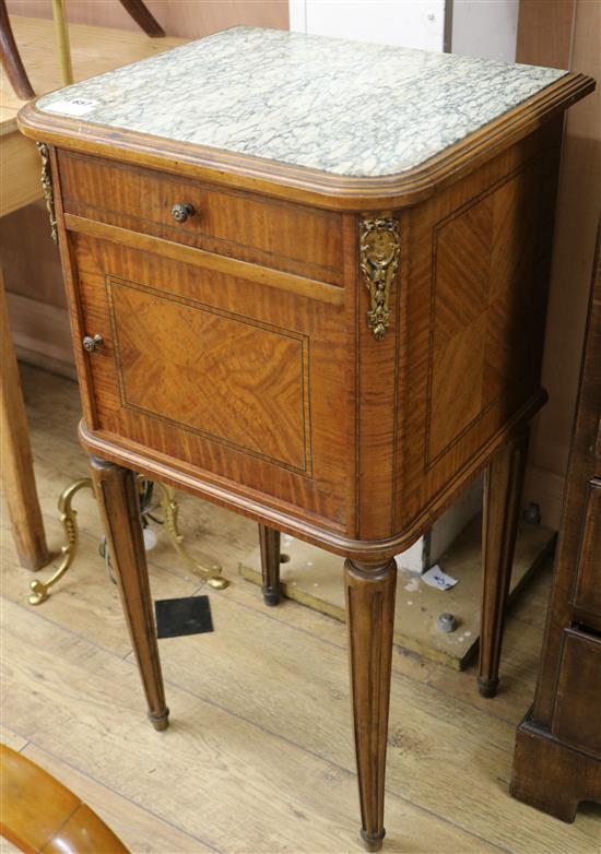 A French inlaid satinwood marble top pot cupboard, W.47cm